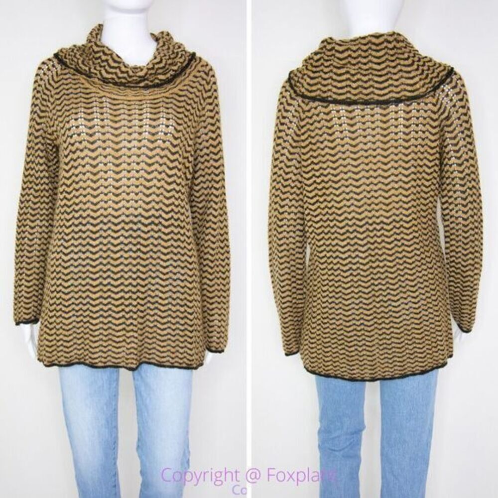 Jones New York cowl neck pointelle‎ crochet wavy grain brown sweater, L